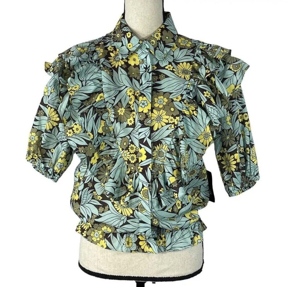 INC International Concepts X-Small Top Floral Button-Up Ruffled Elastic Waist